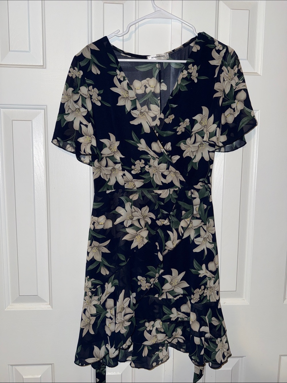 Navy Floral Mini Dress with Tie and Side Zip